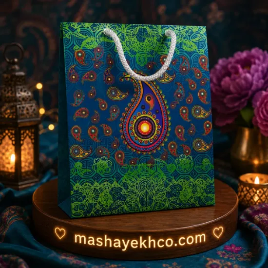 🎁 ساک هدیه طرح بته جقه با طراحی سنتی ایرانی و دسته مقاوم مناسب بسته‌بندی هدایا